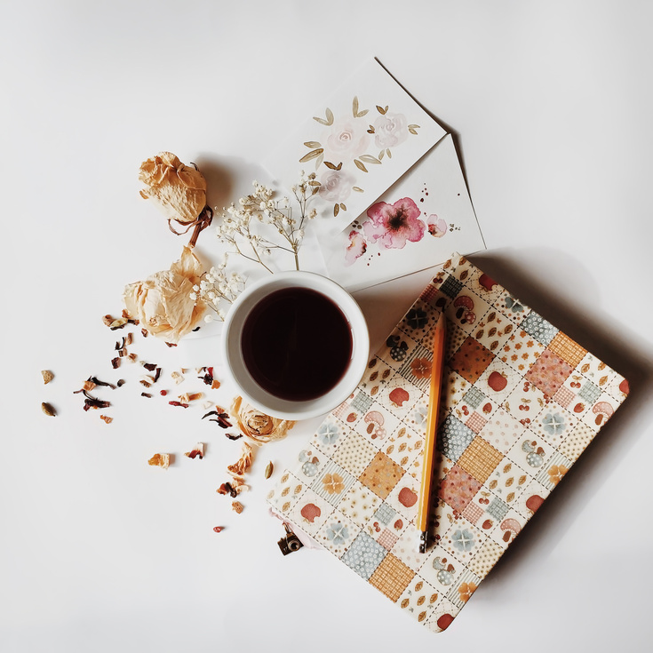 Flat Lay of Office Workspace with Journal and Coffee